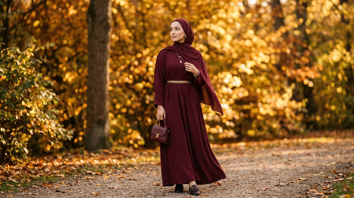 Fall modest outfits 2026 — burgundy abaya and hijab autumn look