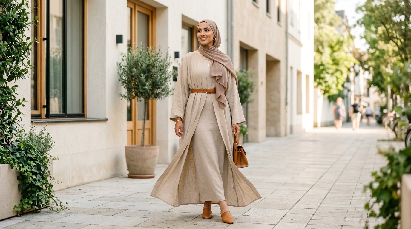 Abaya styles 2026 — woman in a belted open-front beige abaya with a hijab