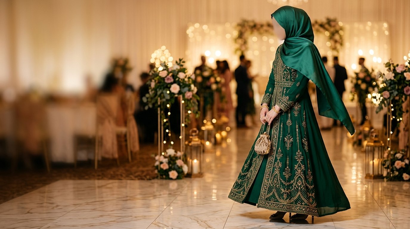 Modest wedding guest outfits 2026 embroidered abaya and hijab