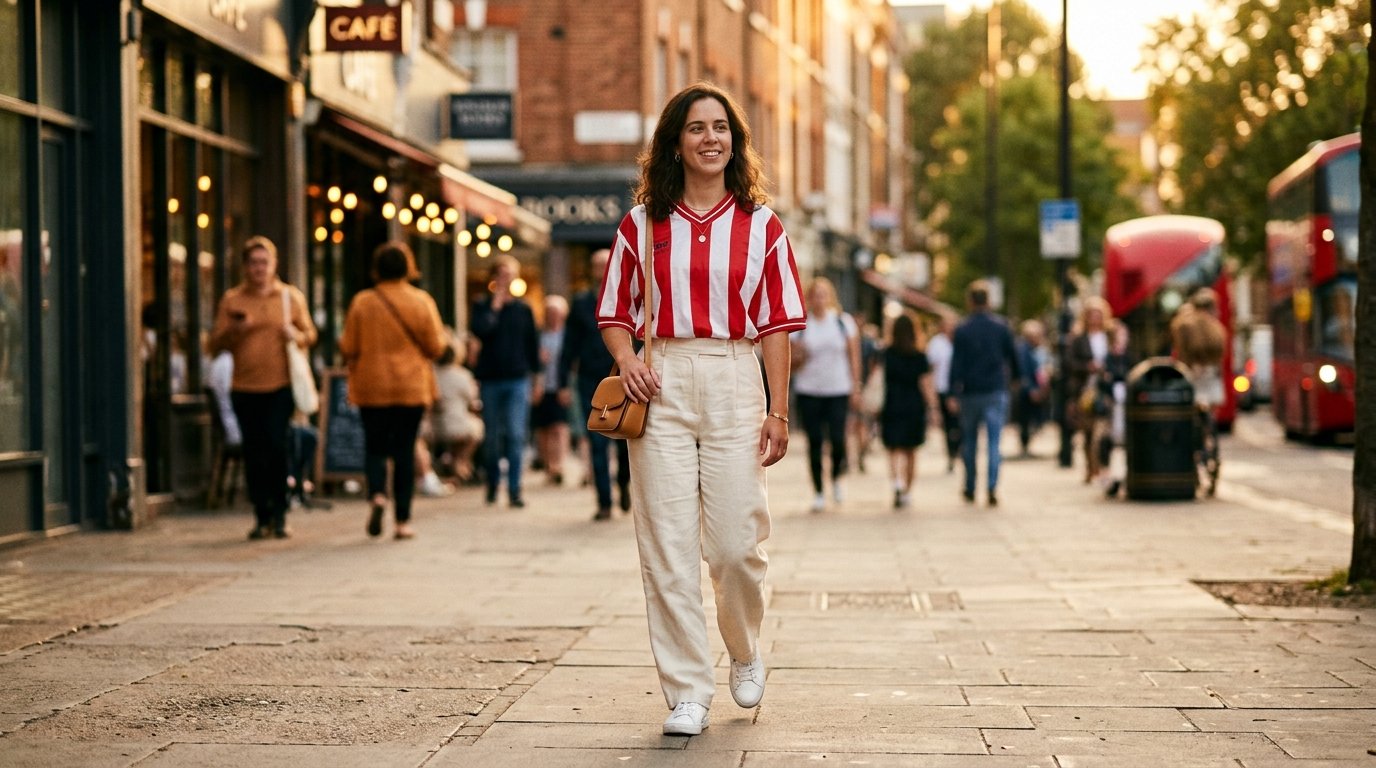 World cup jersey outfit ideas — oversized striped jersey with cream wide-leg linen trousers