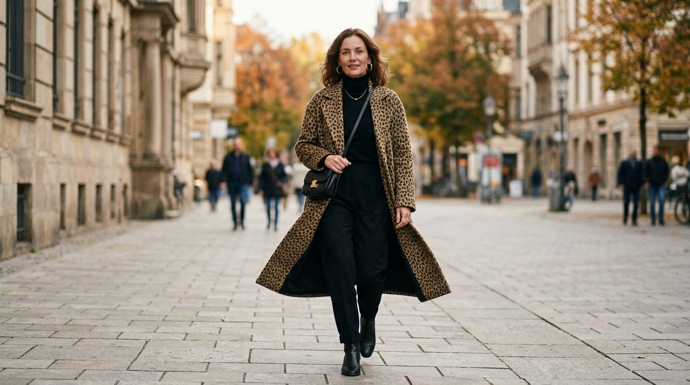 Woman wearing a modest leopard print coat over an all-black outfit for fall 2026