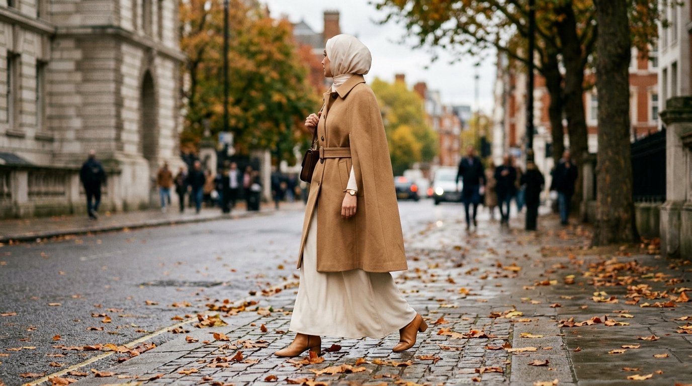 modest cape outfits 2026 — camel cape coat styled over a long abaya with hijab