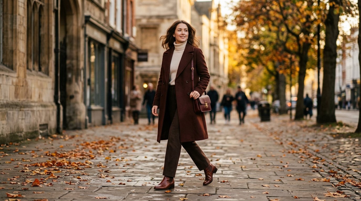 Woman wearing a burgundy coat with cream knit and brown trousers — burgundy outfit ideas 2026