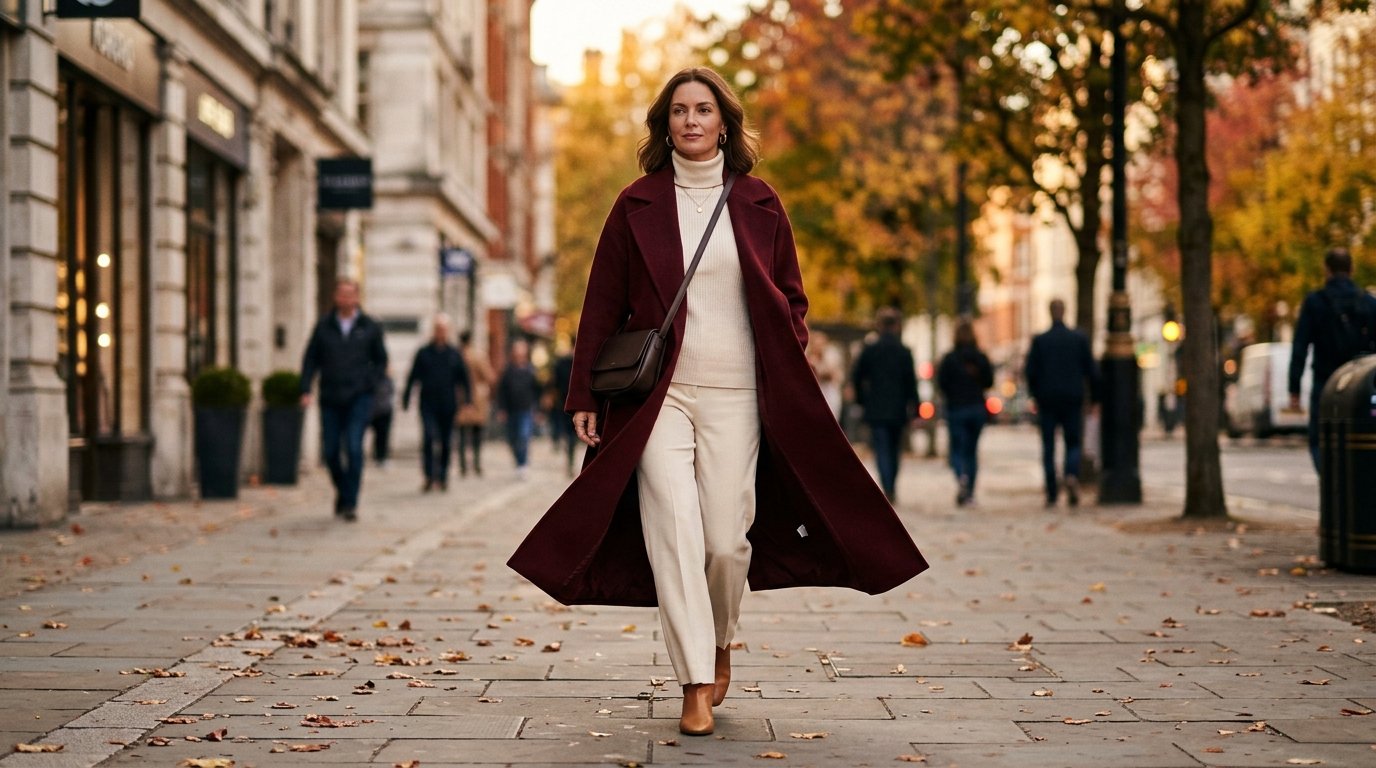 Burgundy outfit ideas 2026 — woman in a wine-red autumn coat over cream