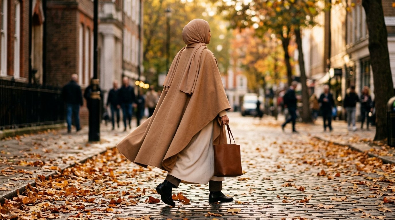 Modest statement coat 2026 — camel cape coat over an abaya with hijab