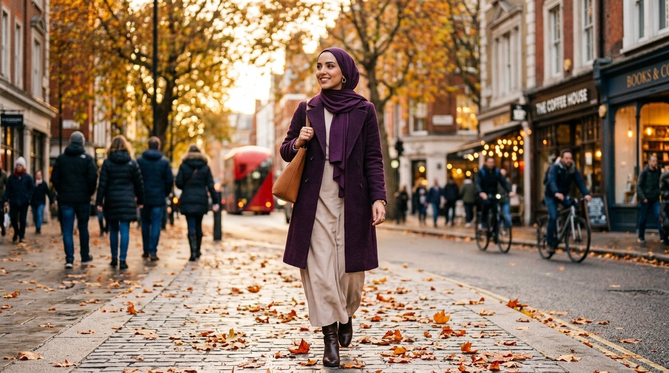 Modest purple outfit for fall 2026 with eggplant coat and hijab"