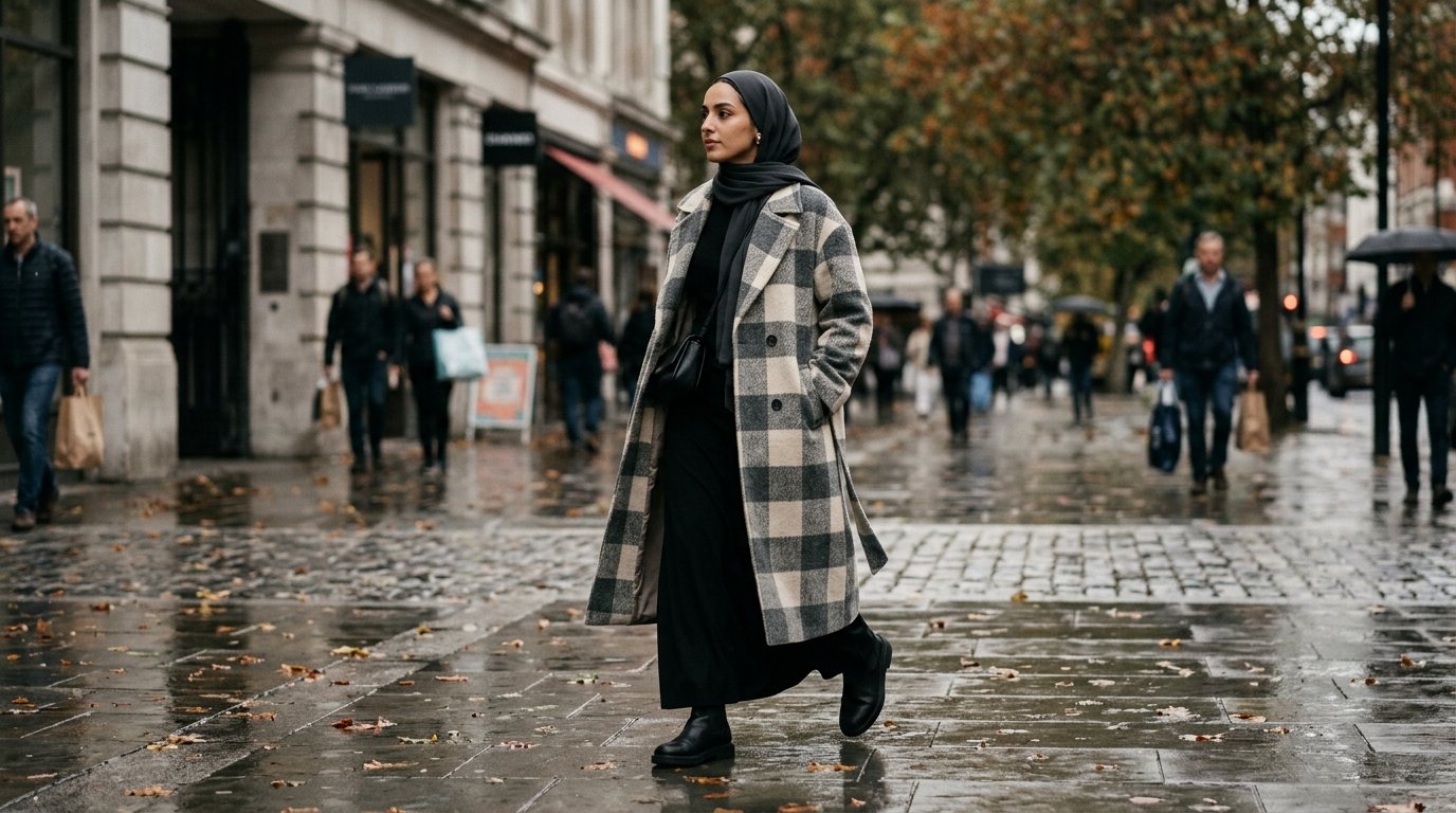 Modest plaid outfits 2026 — grey checked wool coat styled over an all-black outfit with a charcoal hijab