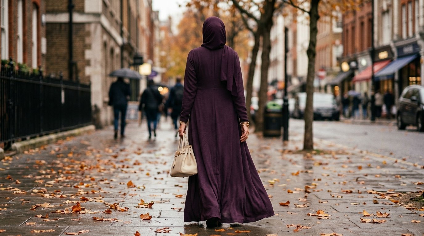 Deep eggplant purple abaya and hijab outfit for fall 2026
