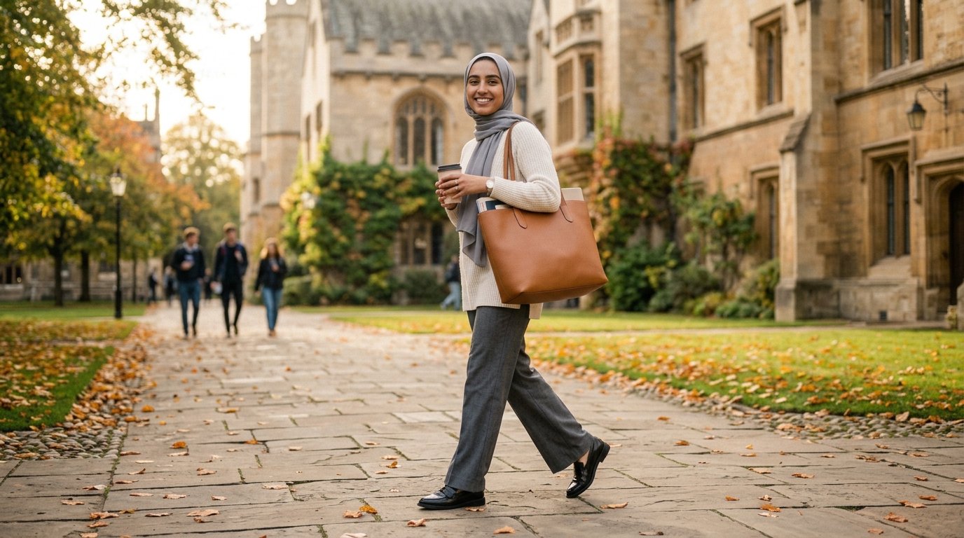Modest back to school outfit with wide-leg trousers, long-line knit and structured tote