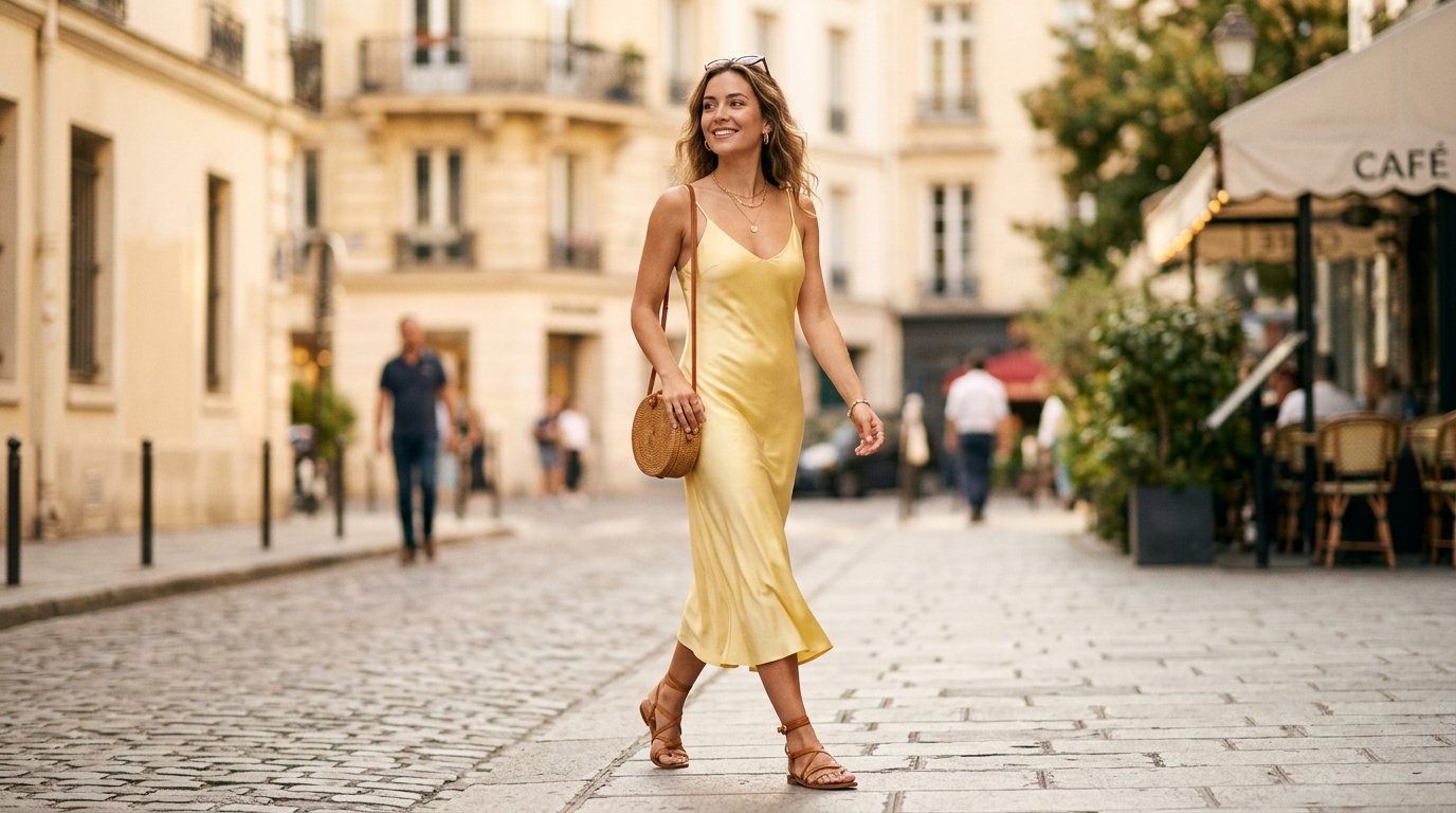 Butter yellow satin midi dress outfit idea for summer 2026 with tan sandals
