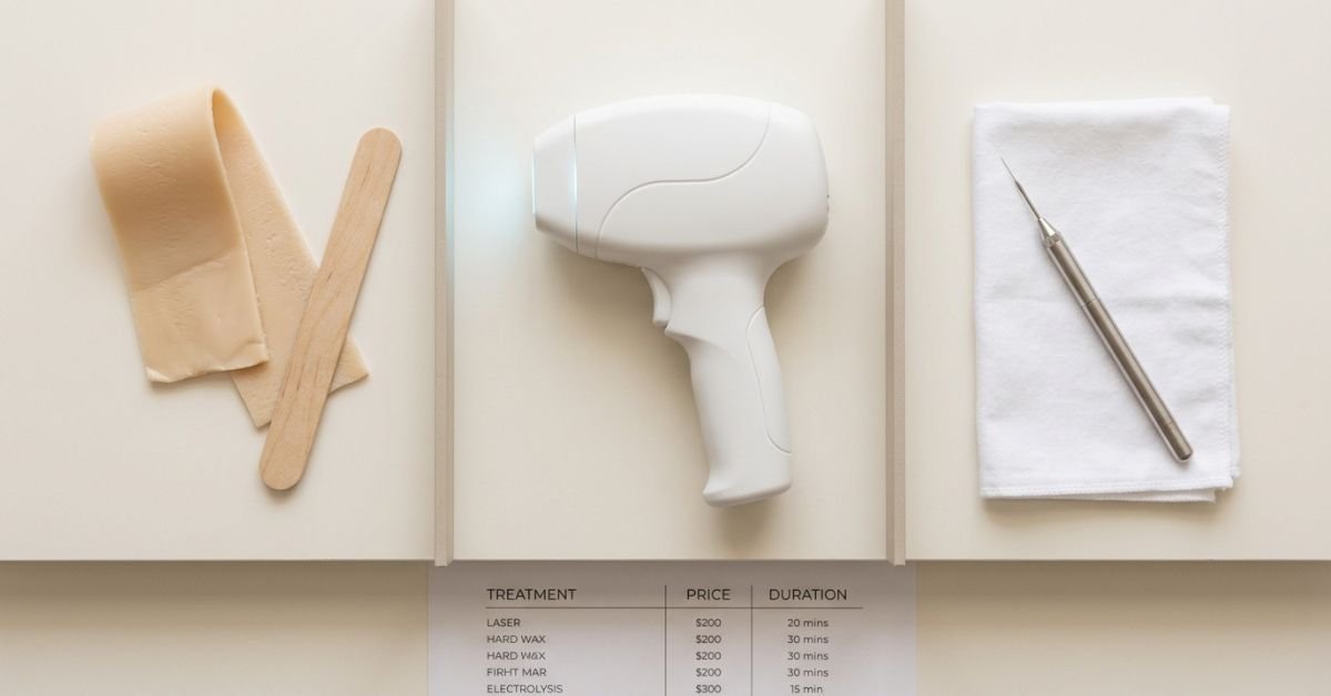 Laser vs waxing vs electrolysis cost tools arranged beside a five-year price chart