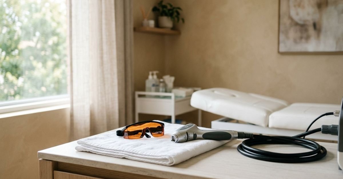 Laser hair removal cost and sessions — treatment room with handpiece and protective eyewear
