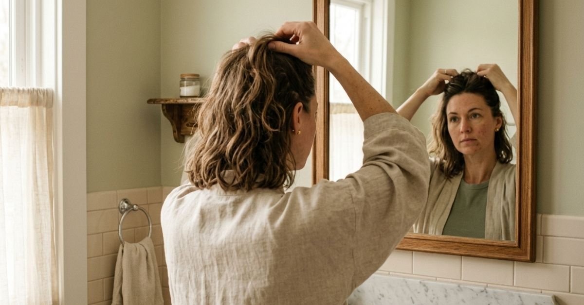 Woman checking her parting in a mirror while considering minoxidil for women