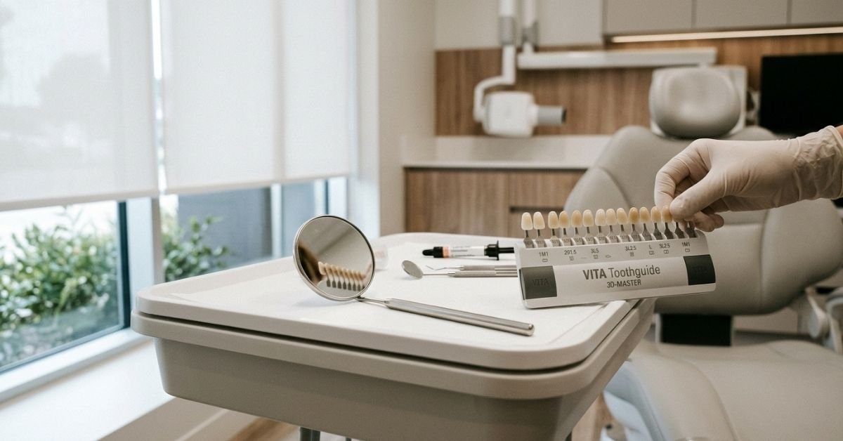 Shade guide and mirror on a dental tray illustrating veneers vs composite bonding cost per tooth