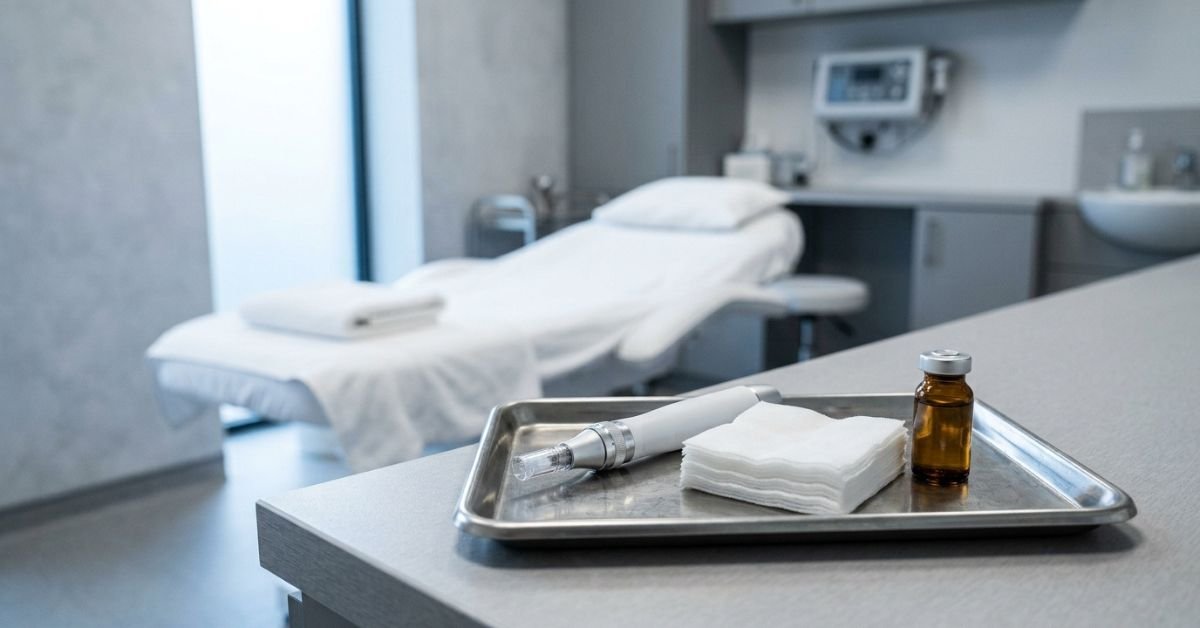 Clinic treatment tray illustrating microneedling vs RF microneedling equipment