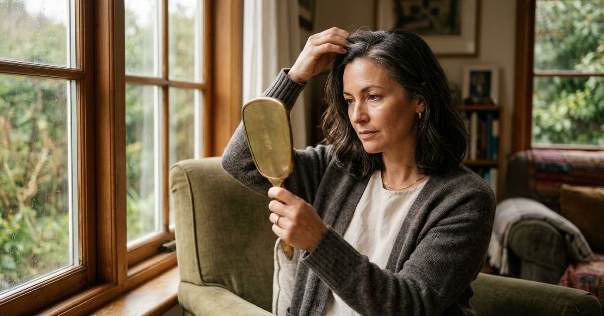 Woman checking her part line, an early sign of female hair loss