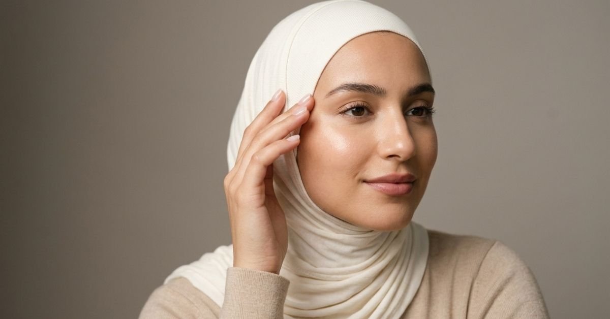 Woman in a cotton underscarf illustrating scalp health under hijab