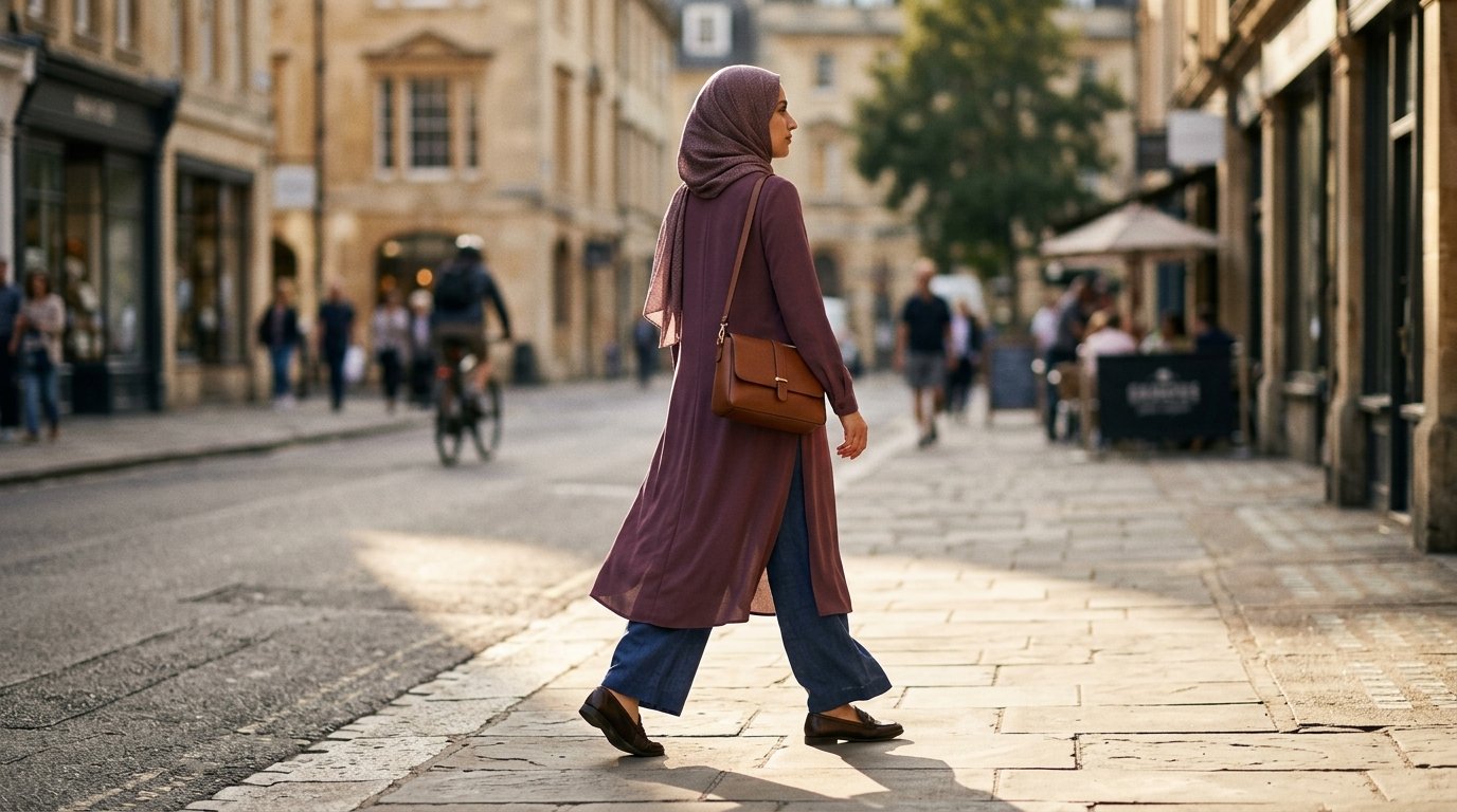 Modest transitional outfits — plum tunic and indigo trousers for late summer