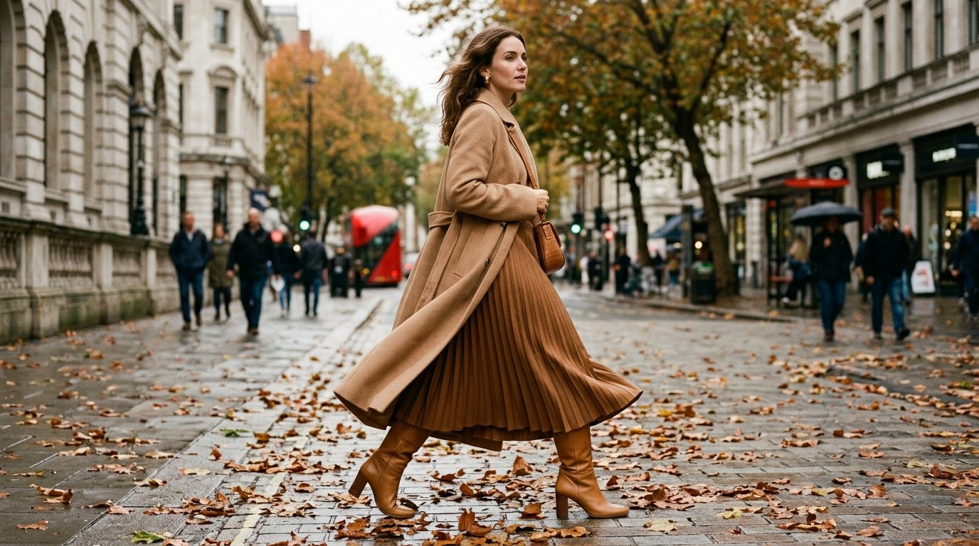 Riding boots styled with a long skirt for fall 2026 boot trends