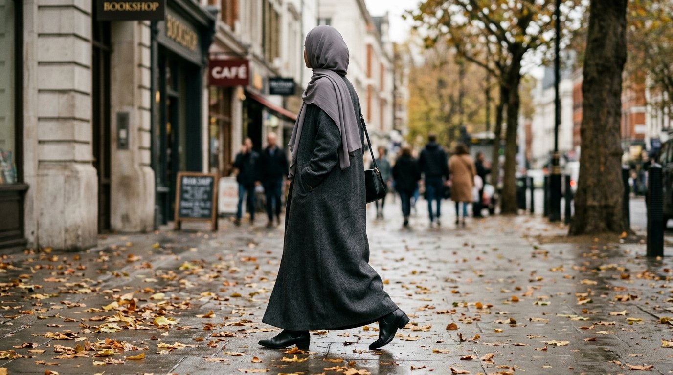 Modest boot outfits 2026 — long abaya with black pointed ankle boots