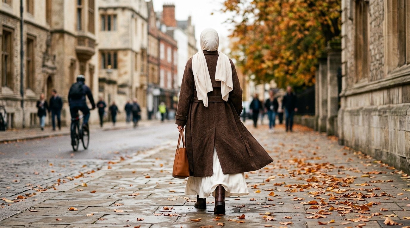 Long chocolate brown coat over an ivory abaya illustrating fall 2026 coat trends styled modestly