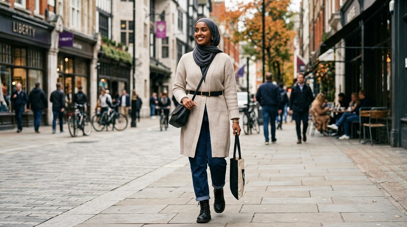 Modest denim outfits 2026 — dark indigo relaxed straight jeans with a belted longline knit and hijab