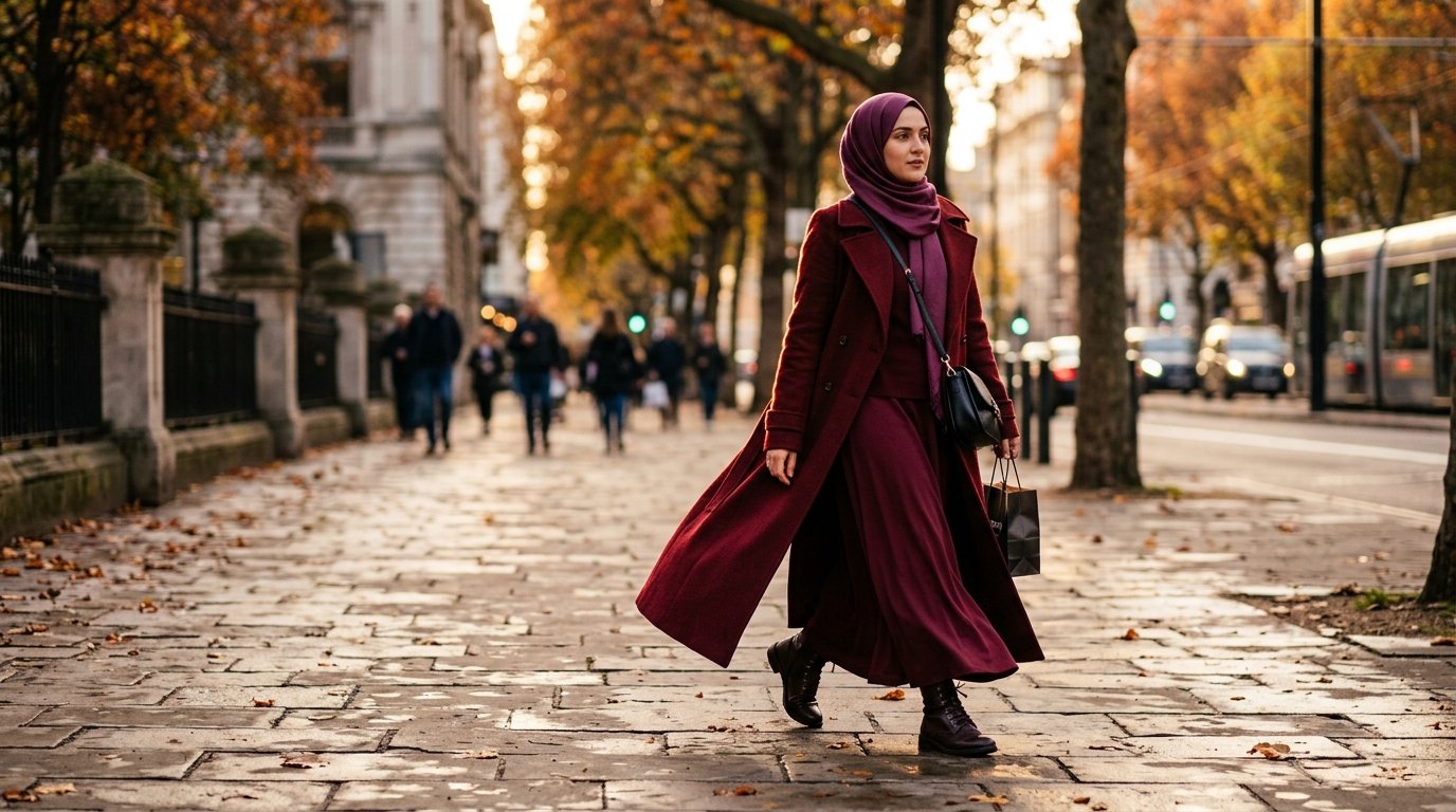 Tonal oxblood coat and skirt showing fall 2026 color trends styled modestly