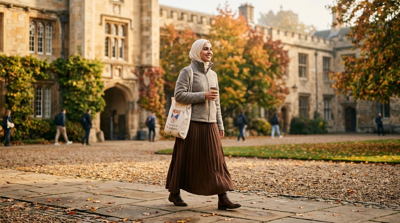 Modest back to school outfit with funnel-neck jacket and long skirt on campus