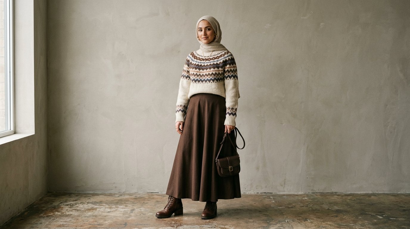 Modest sweater outfits 2026 — Fair Isle knit styled with a long skirt and hijab