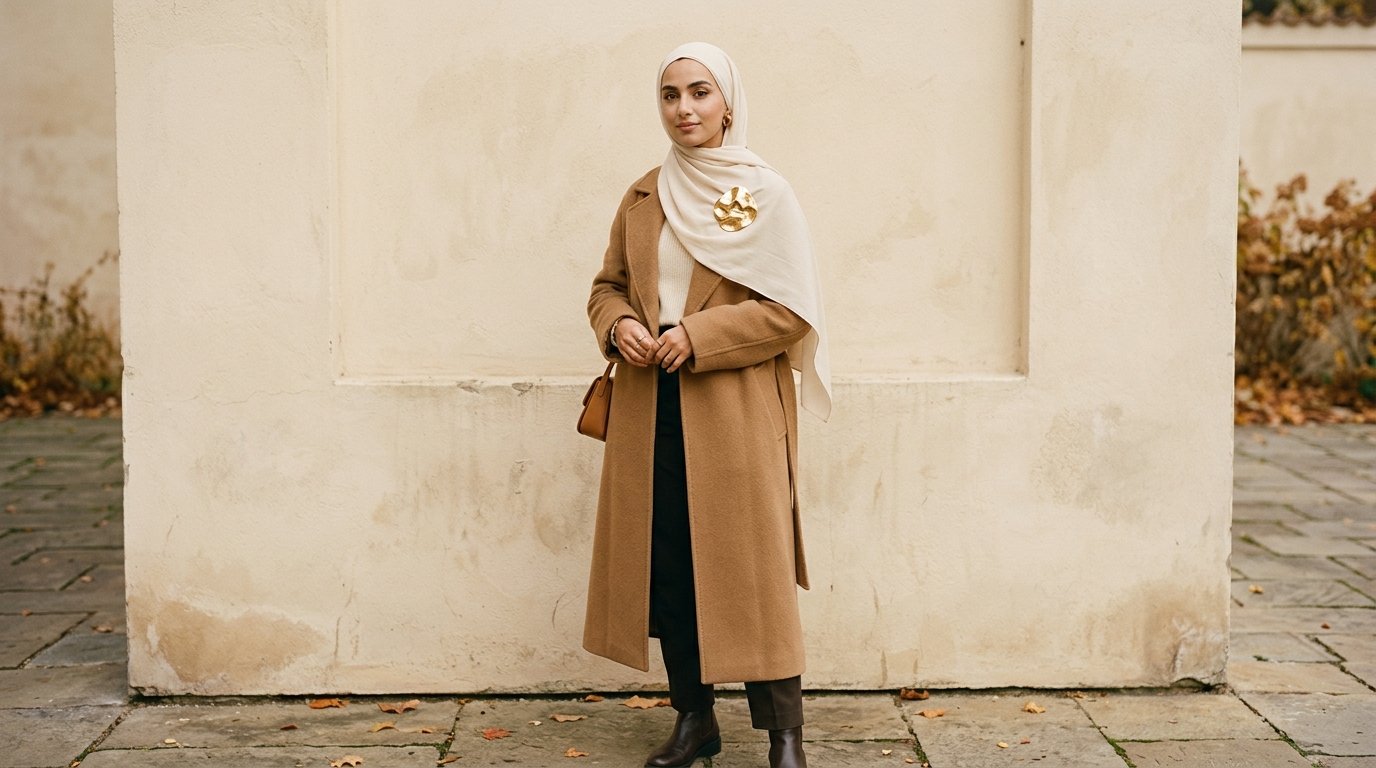 Fall 2026 jewelry trends styled modestly with a brooch pinned at the scarf shoulder