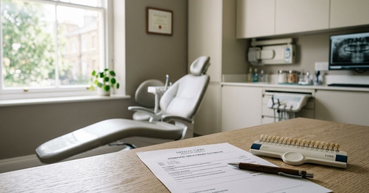 Printed treatment estimate on a clinic desk illustrating smile makeover cost in 2026