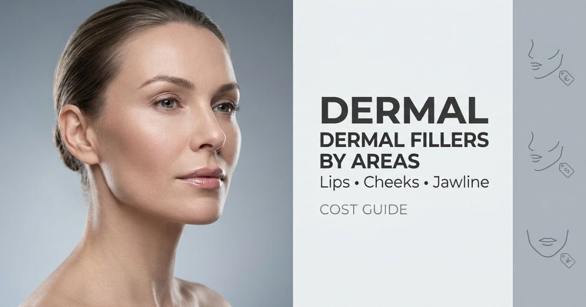 Dermal fillers cost guide featured image showing lip, cheek and jawline treatment areas