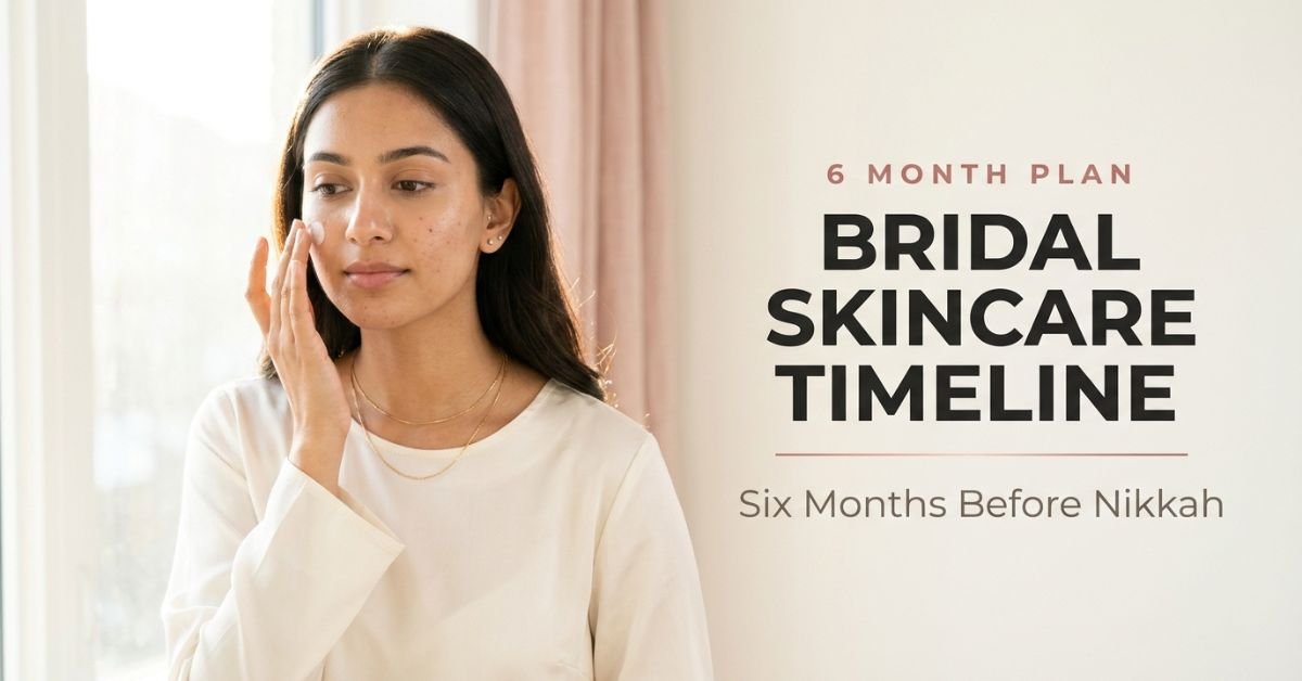Bride-to-be moisturising as part of a six-month bridal skincare timeline before her nikkah