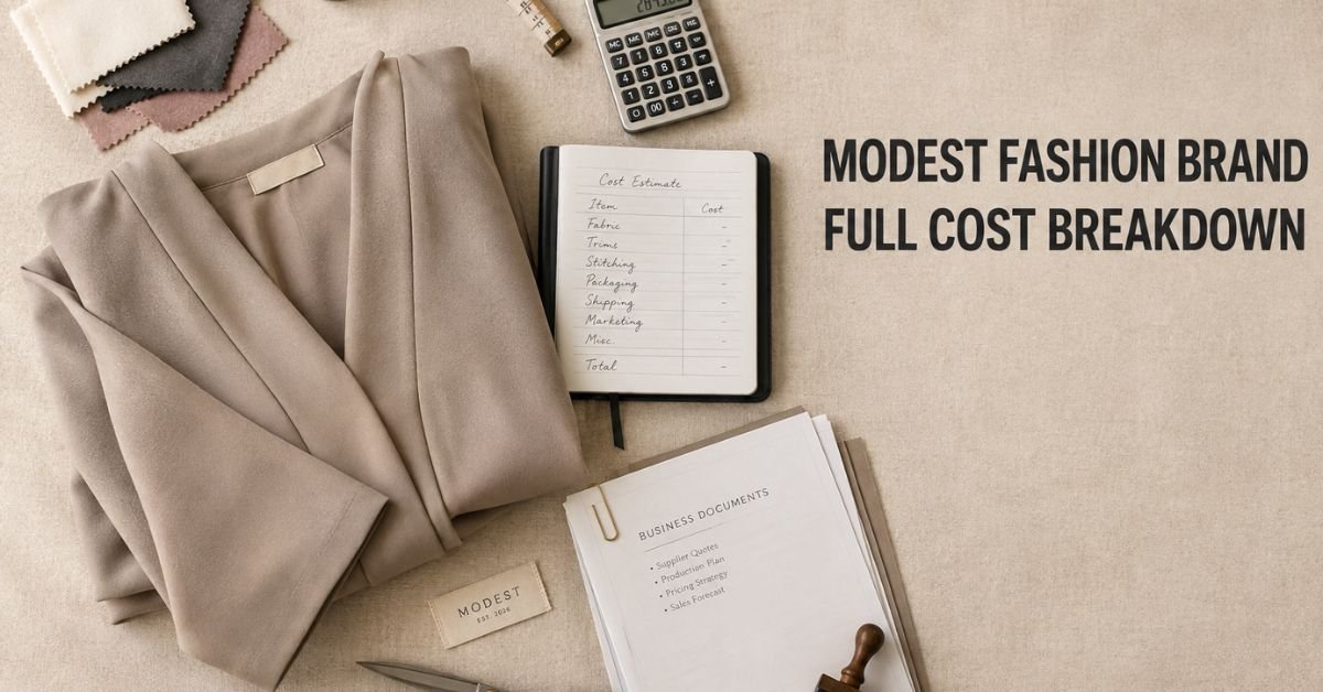 Flat-lay showing how to launch a modest fashion brand with fabric swatches and a cost breakdown notebook