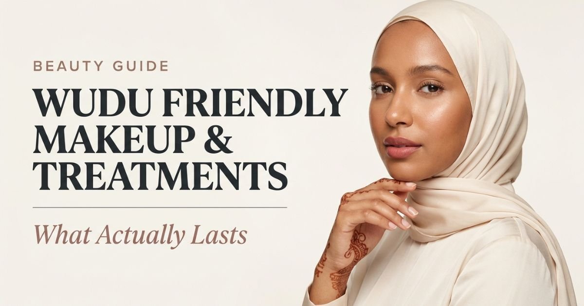 Flat-lay of wudu friendly makeup products beside a water vessel