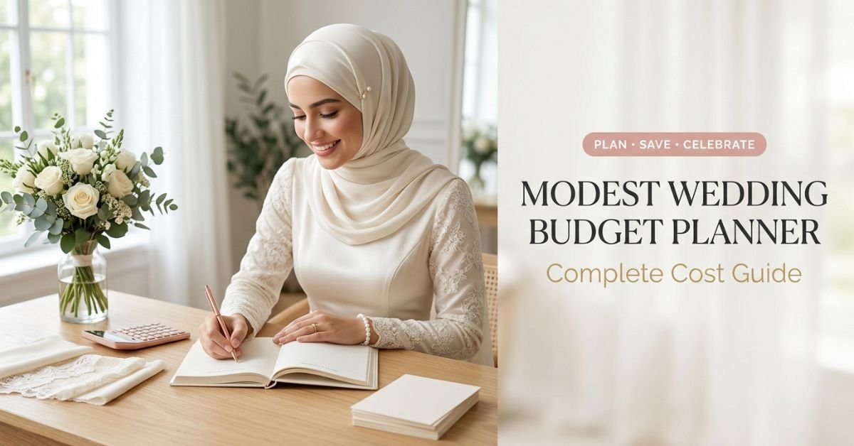 Modest wedding budget planner flat-lay with notebook, calculator, fabric swatches and headscarf