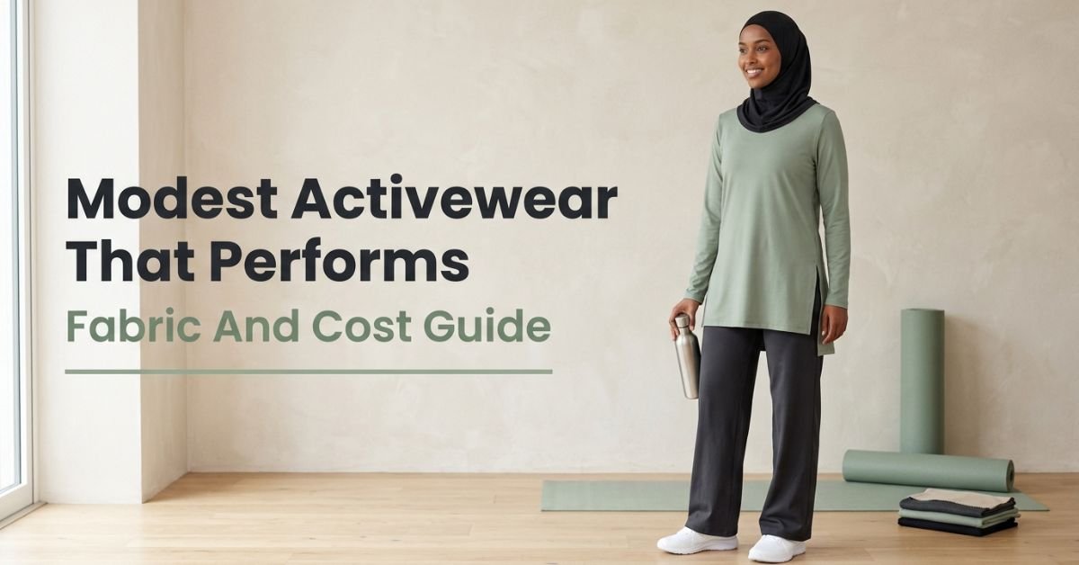 modest activewear flat-lay with longline tunic, wide-leg pants and sports hijab