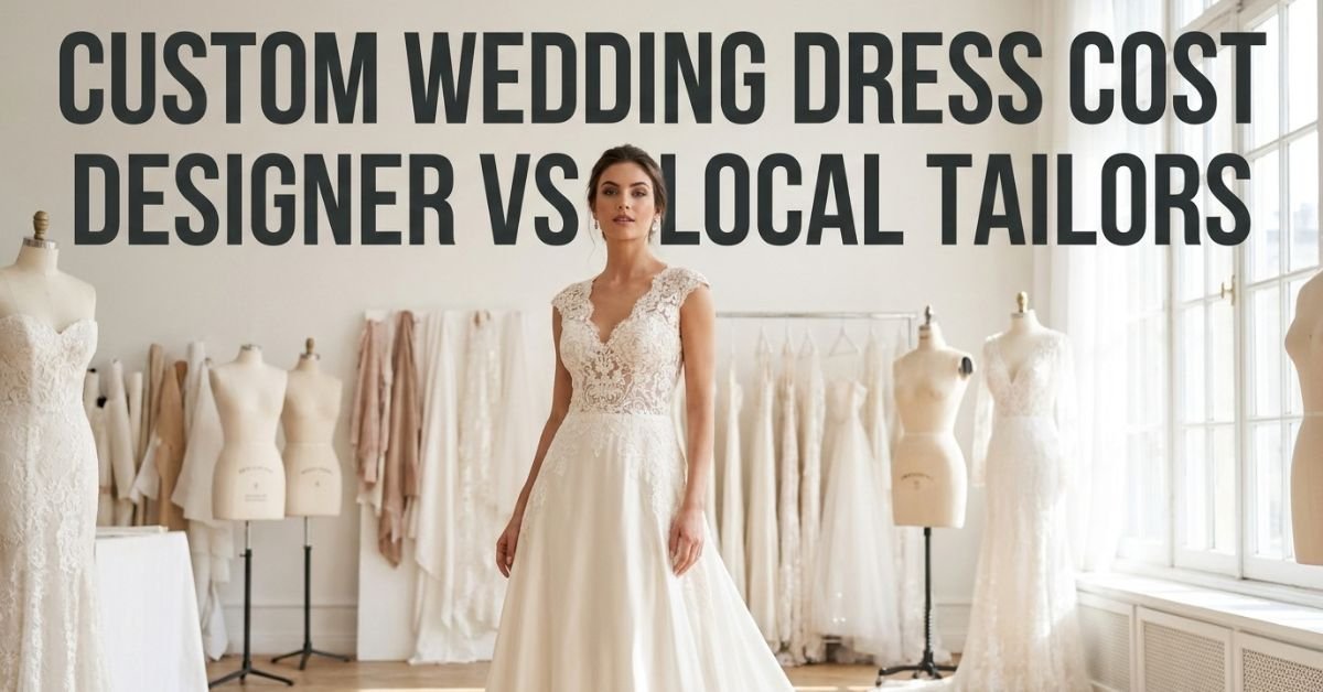 Custom wedding dress cost comparison with a bridal model, designer atelier, and local tailor.