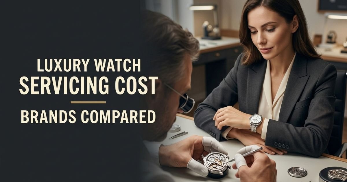 Female model wearing a luxury watch beside a watchmaker servicing a mechanical movement