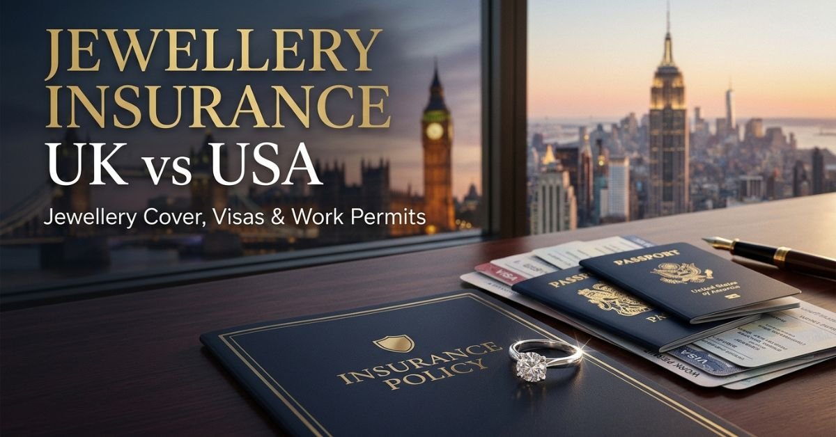 Jwellery Insurance UK vs USA comparison with a diamond ring between two home settings
