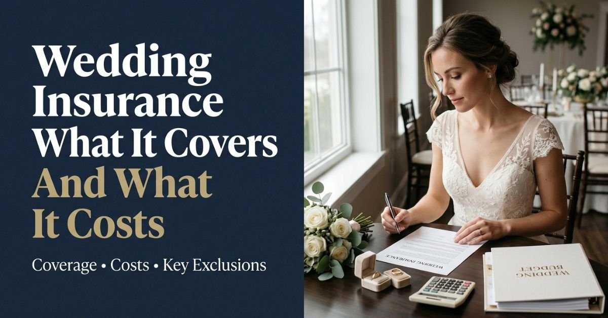 Wedding insurance folder beside wedding rings and a budget notebook.