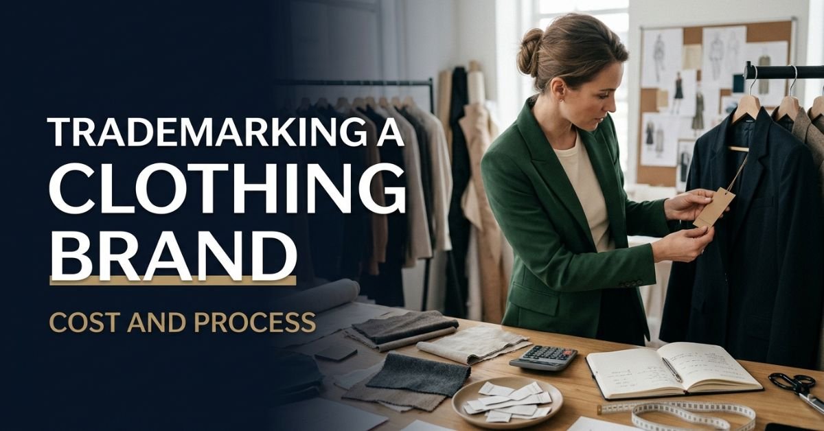 Position her on the RIGHT side inside a sophisticated independent fashion studio. She is examining a clothing hangtag beside a neatly displayed blazer and folded garments. Include realistic fabric swatches, blank garment labels, an understated calculator and an open planning notebook. Keep the composition organised and visually focused. TEXT — RENDER EXACTLY: Main headline on the LEFT, arranged across three lines: “Trademarking A Clothing Brand” Smaller subtitle beneath: “Cost And Process” Use large, bold, elegant sans-serif typography. White headline with restrained gold accents against a deep navy background gradient. Excellent contrast, correct spelling and generous spacing. Keep all text inside safe margins, away from the model’s face. STYLE: Premium business-magazine photography,